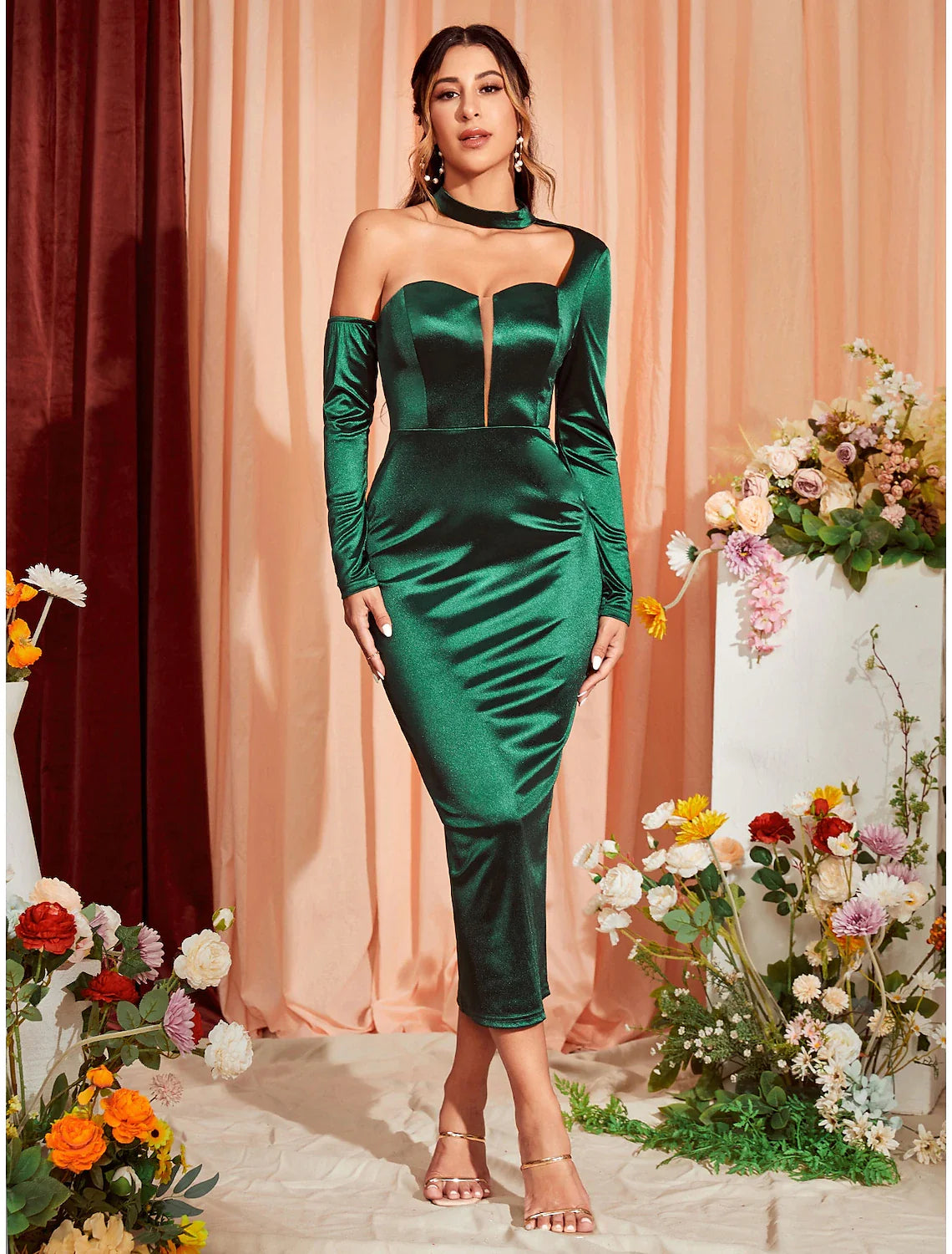 Mermaid / Trumpet Party Dresses Sexy Dress Wedding Party Semi Formal Tea Length Long Sleeve One Shoulder  Satin with Ruched Slit