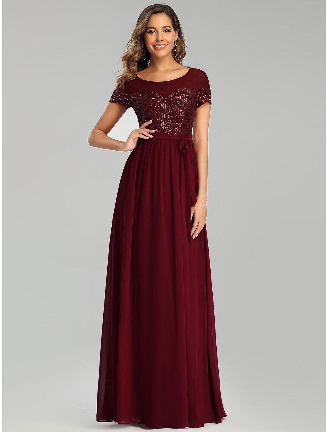 A-Line Bridesmaid Dress Jewel Neck Short Sleeve Elegant Floor Length Chiffon with Sash / Ribbon / Sequin / Sparkle & Shine by YiHuiw