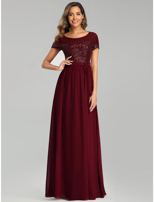 A-Line Bridesmaid Dress Jewel Neck Short Sleeve Elegant Floor Length Chiffon with Sash / Ribbon / Sequin / Sparkle & Shine by YiHuiw