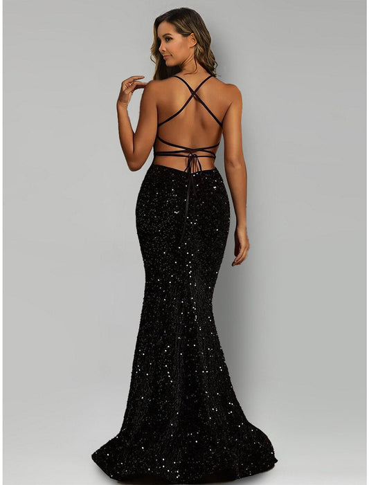 Mermaid / Trumpet Evening Gown Sparkle & Shine Dress Formal Black Tie Sweep / Brush Train Sleeveless Halter Neck Sequined with Sequin by YiHuiw