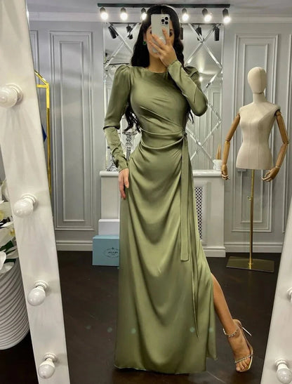 Sheath Party Dress Evening Gown Elegant Dress Wedding Guest Fall Floor Length Long Sleeve High Neck Bridesmaid Dress Satin with Ruched by YiHuiw