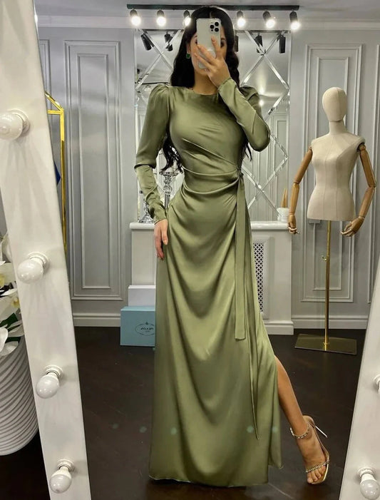 Sheath Party Dress Evening Gown Elegant Dress Wedding Guest Fall Floor Length Long Sleeve High Neck Bridesmaid Dress Satin with Ruched by YiHuiw
