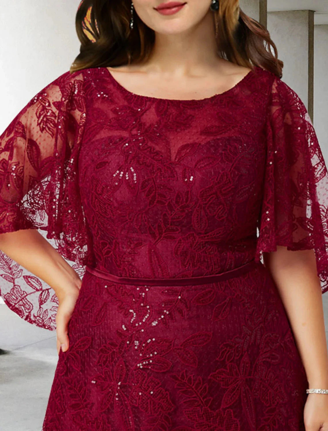 A-Line Mother of the Bride Dress Plus Size Hide Belly Elegant Jewel Neck Floor Length Lace Half Sleeve No with Sequin Appliques by YiHuiw