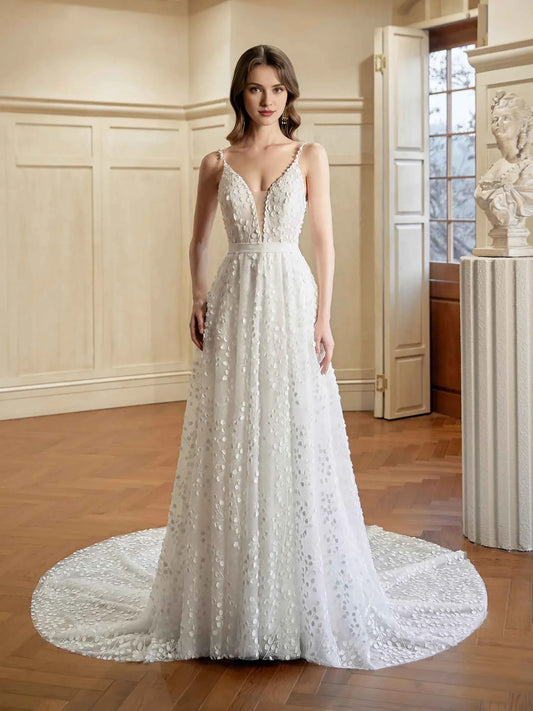 A-Line Spaghetti Strap Floor-Length Wedding Dress - Yihuiw by Yihuiw