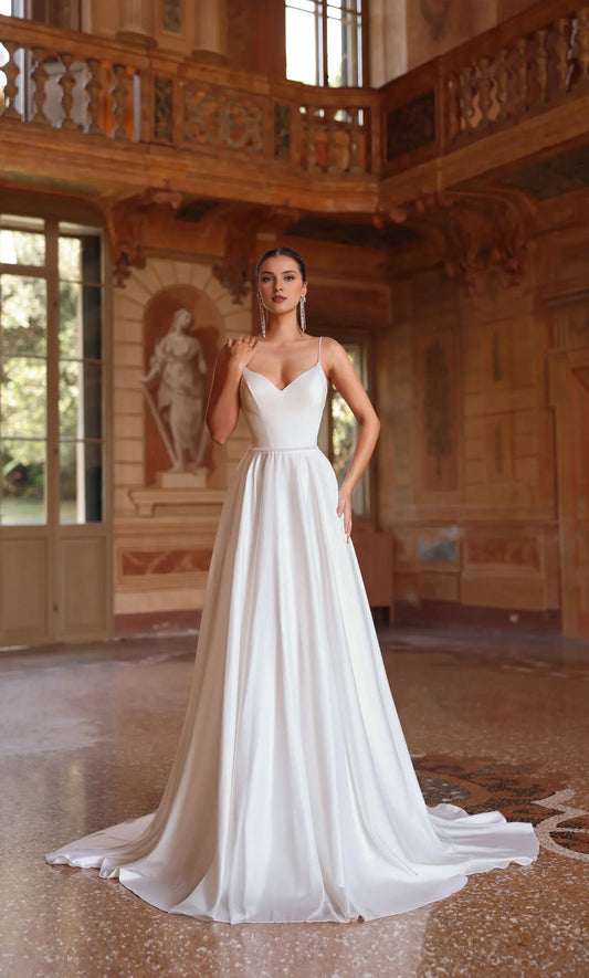 A-Line Satin Open Back Beaded Wedding Dress - Yihuiw by Yihuiw