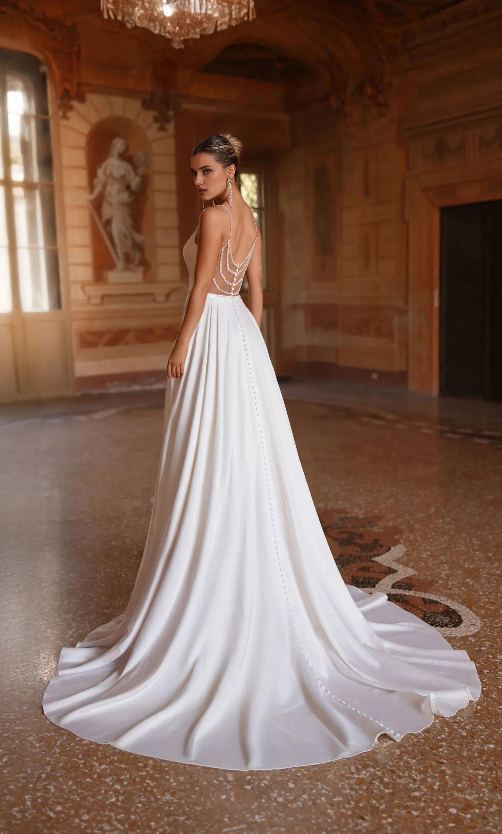 A-Line Satin Open Back Beaded Wedding Dress - Yihuiw by Yihuiw