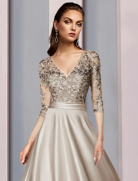 A-Line Mother of the Bride Dress Wedding Guest Elegant V Neck Tea Length Satin Lace Half Sleeve with Pleats Appliques by YiHuiw