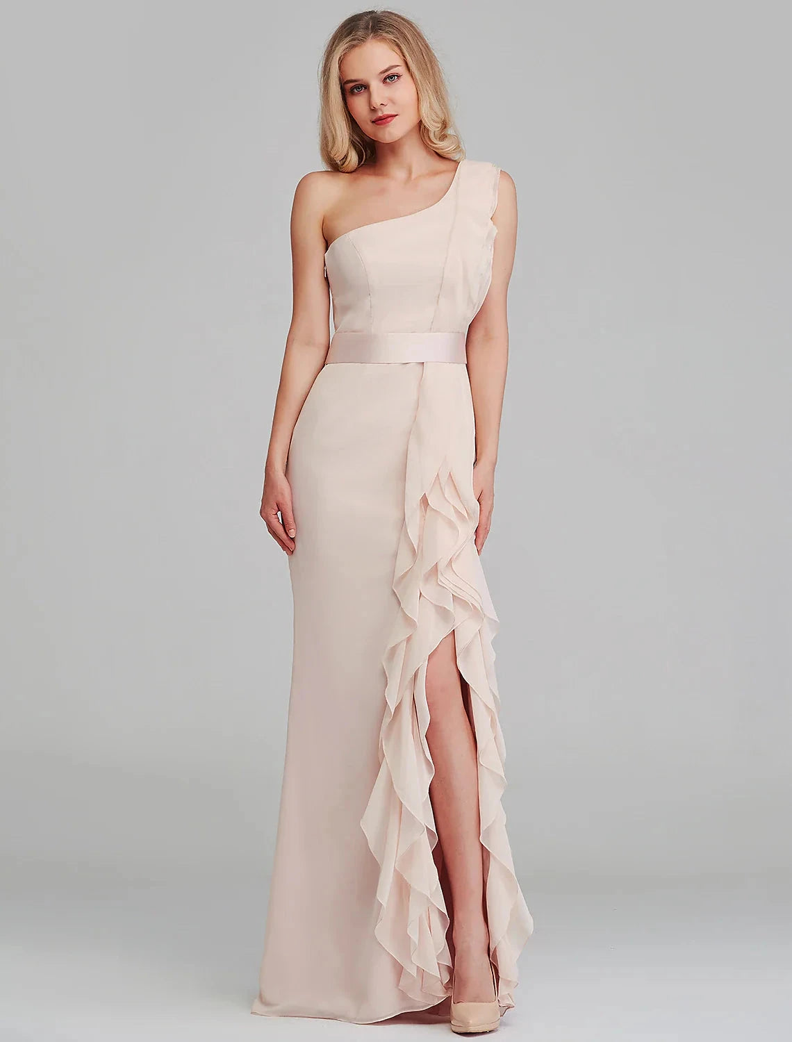 Sheath / Column Bridesmaid Dress One Shoulder Sleeveless Elegant Long Length Chiffon with Cascading Ruffles by YiHuiw