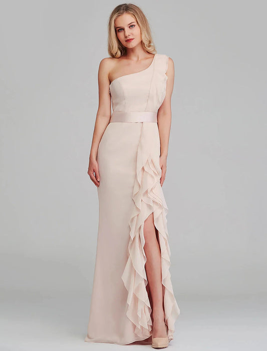 Sheath / Column Bridesmaid Dress One Shoulder Sleeveless Elegant Long Length Chiffon with Cascading Ruffles by YiHuiw