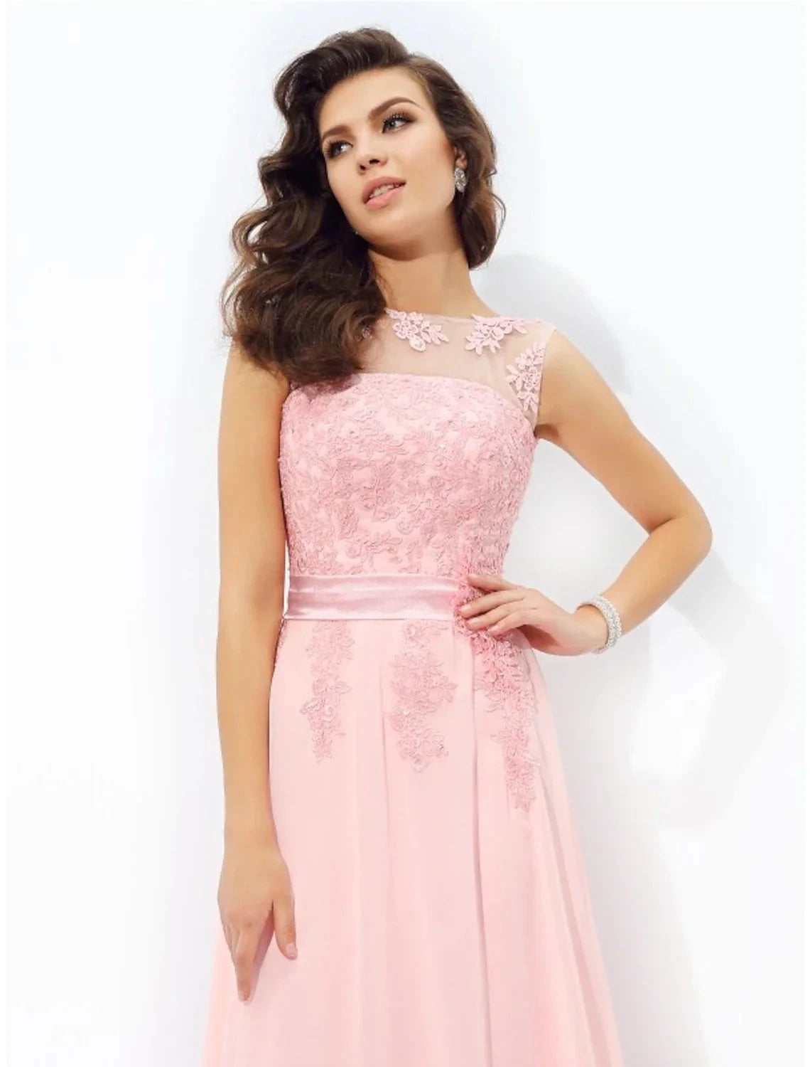 A-Line Prom Dresses Sparkle & Shine Dress Formal Wedding Guest Floor Length Sleeveless Jewel Neck Chiffon with Appliques by YiHuiw