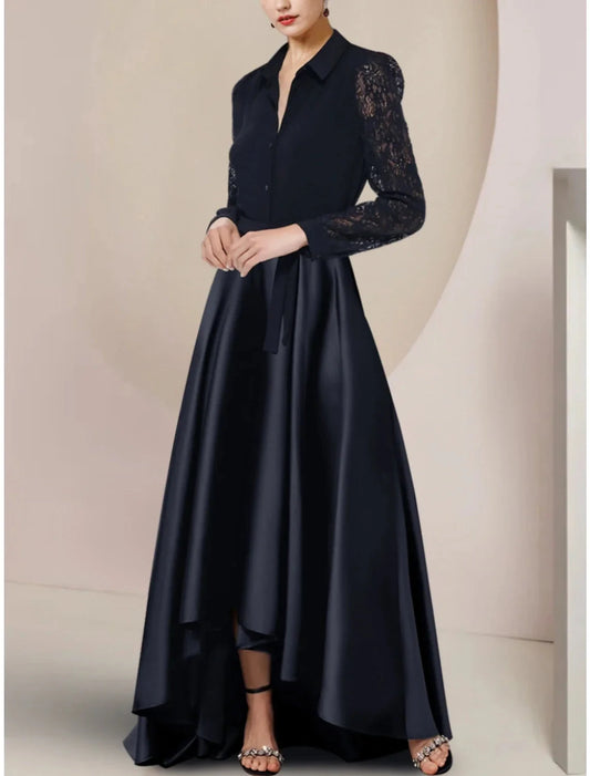 A-Line Mother of the Bride Dress Wedding Guest Party Elegant Shirt Collar Asymmetrical Floor Length Satin Long Sleeve with Lace Bow(s) Ruching by YiHuiw