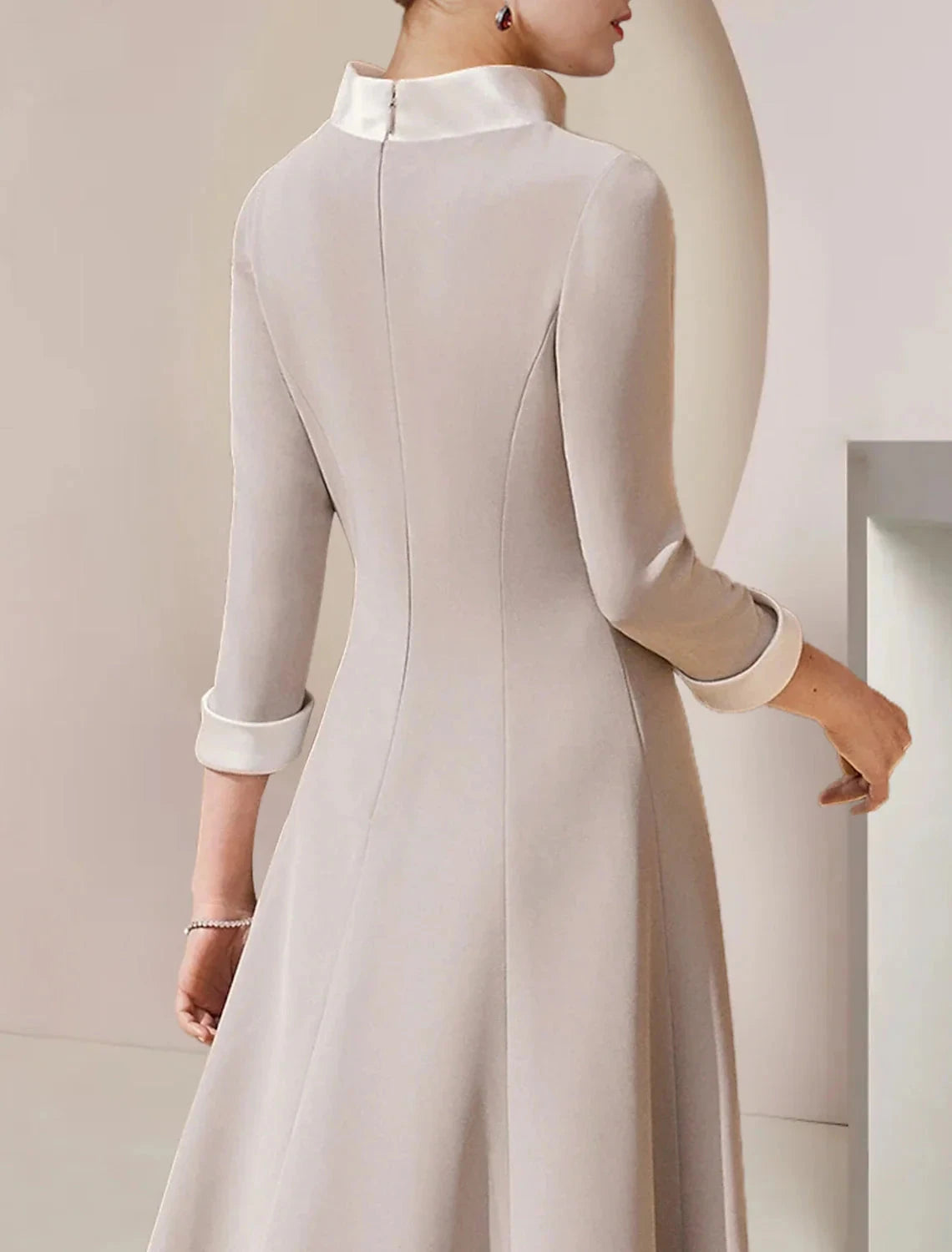 A-Line Mother of the Bride Dress Formal Wedding Guest Party Elegant High Neck Asymmetrical Tea Length Satin 3/4 Length Sleeve with Bow(s) Crystal Brooch by YiHuiw