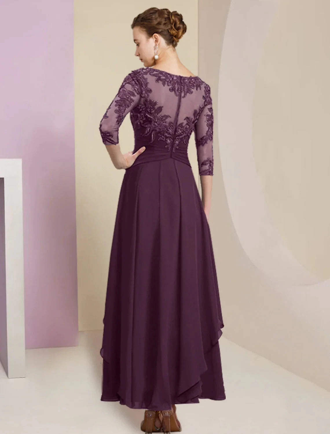Sheath / Column Mother of the Bride Dress Wedding Guest Simple Elegant Jewel Neck Ankle Length Chiffon Lace 3/4 Length Sleeve with Pleats Sequin by YiHuiw