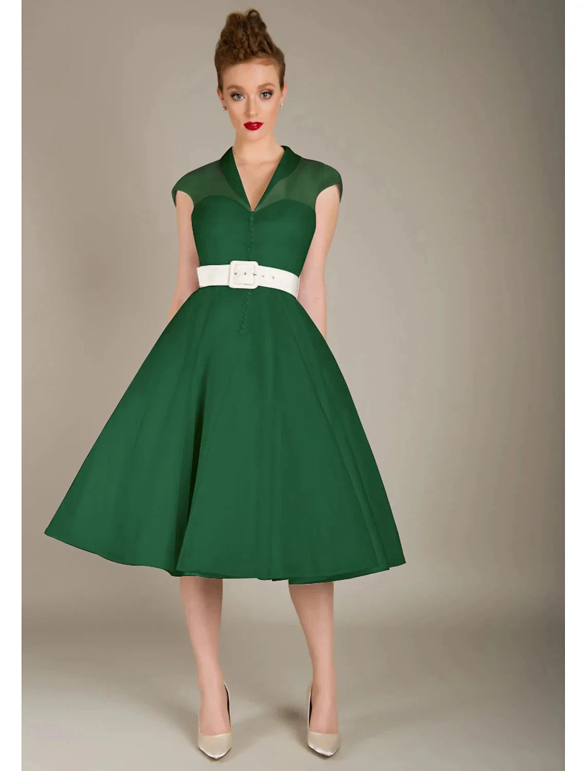 A-Line Cocktail Dresses 1950s Dress Graduation Cocktail Party Knee Length Sleeveless V Neck Wednesday Addams Family Tulle with Sash / Ribbon by YiHuiw