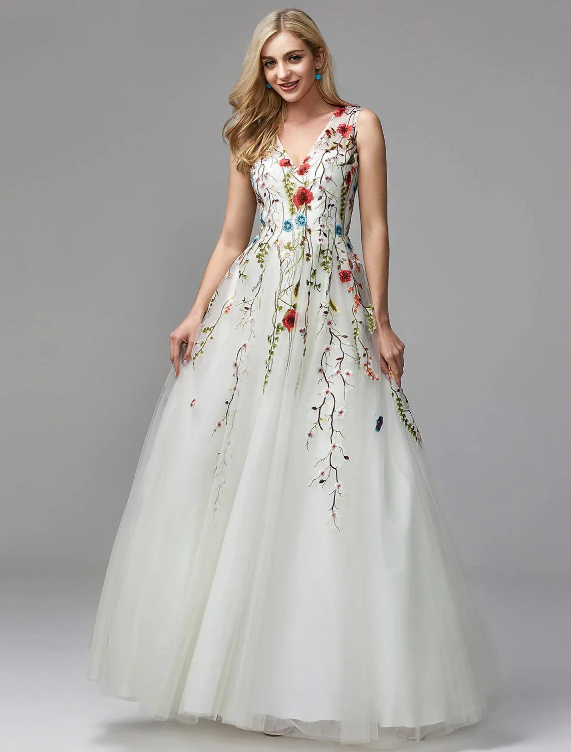 A-Line Special Occasion Dresses Floral Dress Homecoming Quinceanera Floor Length Sleeveless V Neck Lace with Embroidery Appliques by YiHuiw