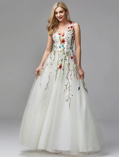 A-Line Special Occasion Dresses Floral Dress Homecoming Quinceanera Floor Length Sleeveless V Neck Lace with Embroidery Appliques by YiHuiw