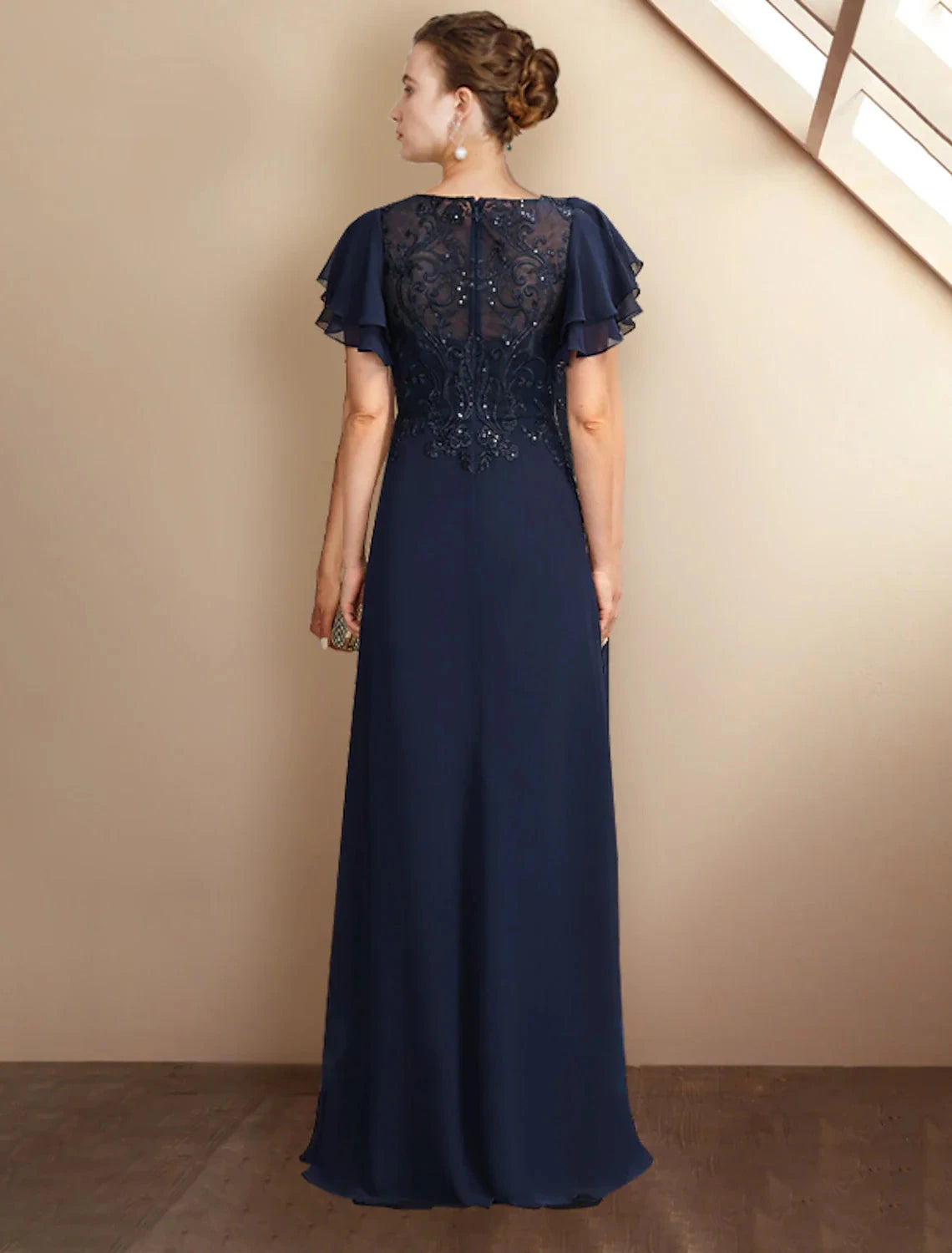 A-Line Mother of the Bride Dress Plus Size Elegant Jewel Neck Floor Length Chiffon Lace Short Sleeve with Sequin Appliques by YiHuiw