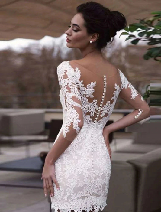 Reception Little White Dresses Wedding Dresses Sheath / Column Illusion Neck Half Sleeve Short / Mini Lace Bridal Gowns With Appliques Summer Wedding Party Women's Clothing by YiHuiw