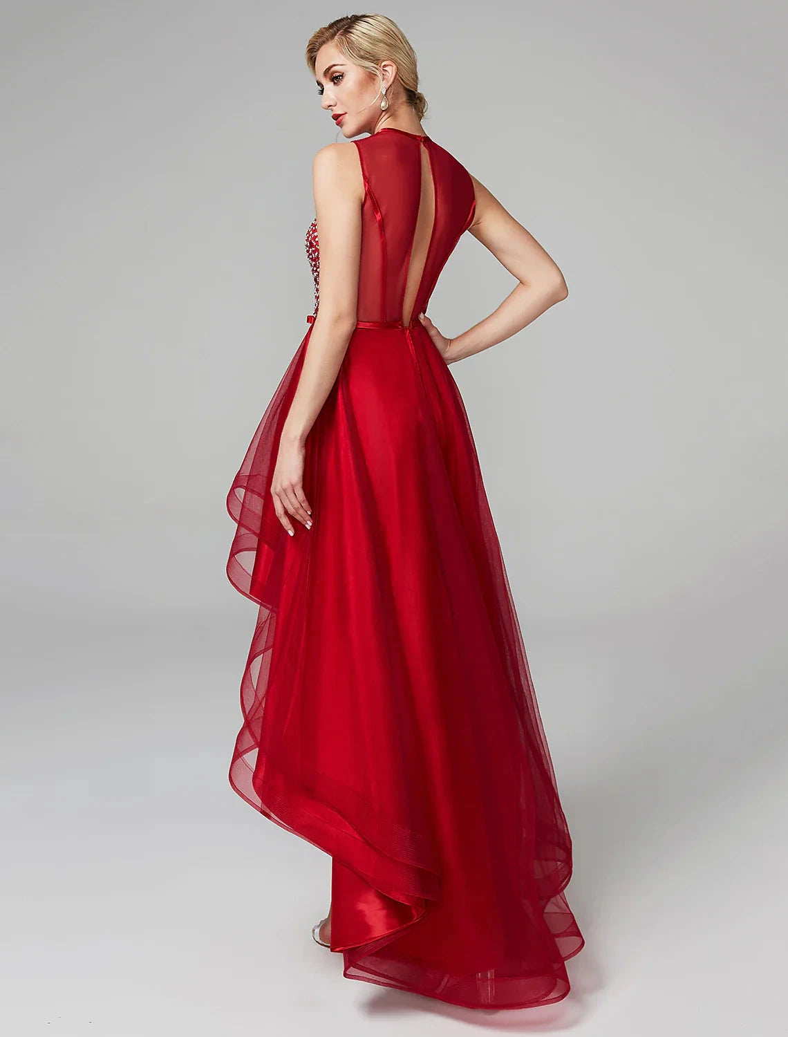 A-Line Sparkle & Shine Dress Wedding Guest Cocktail Party Asymmetrical Sleeveless Jewel Neck Satin with Bow(s) Sequin by YiHuiw