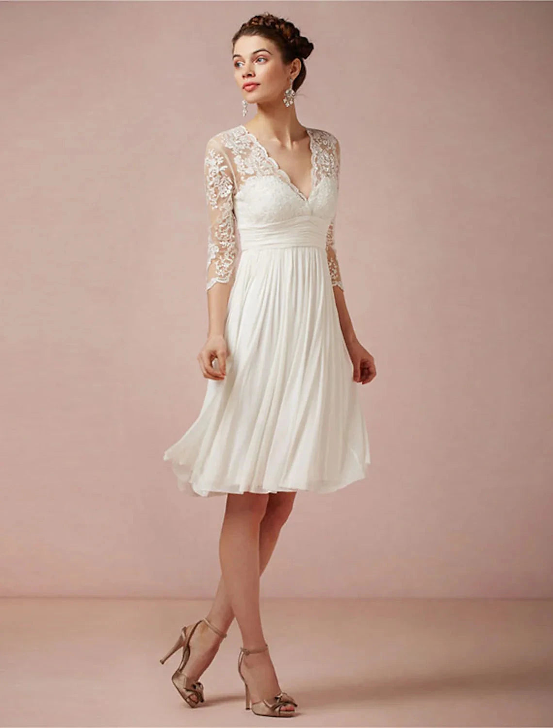 Reception Fall Wedding Dresses Open Back Little White Dresses A-Line V Neck 3/4 Length Sleeve Knee Length Chiffon Bridal Gowns With Ruched Summer Wedding Party Women‘s Clothing by YiHuiw