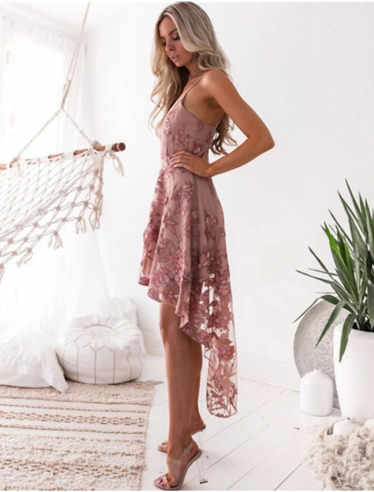 A-Line Cocktail Dresses Floral Dress Homecoming Party Wear Asymmetrical Sleeveless Spaghetti Strap Tulle with Appliques by YiHuiw
