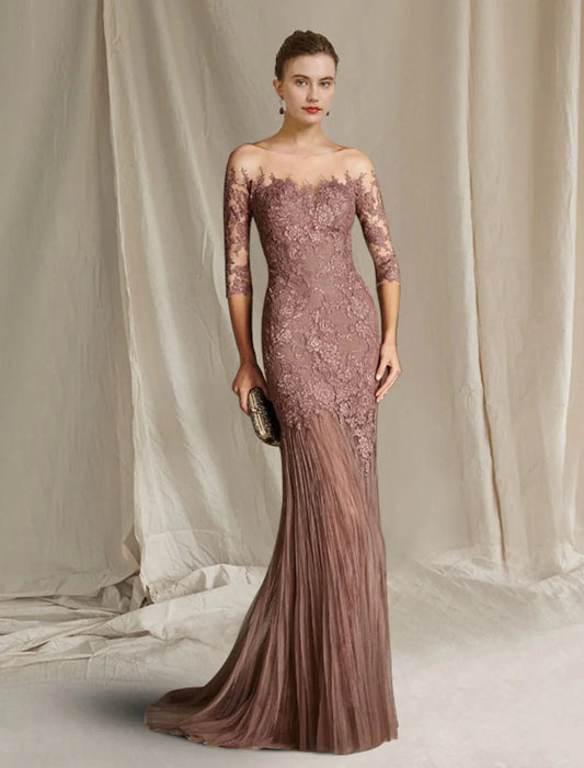 Mermaid / Trumpet Mother of the Bride Dress Fall Wedding Guest Elegant Jewel Neck Sweep / Brush Train Lace Tulle Half Sleeve with Appliques by YiHuiw