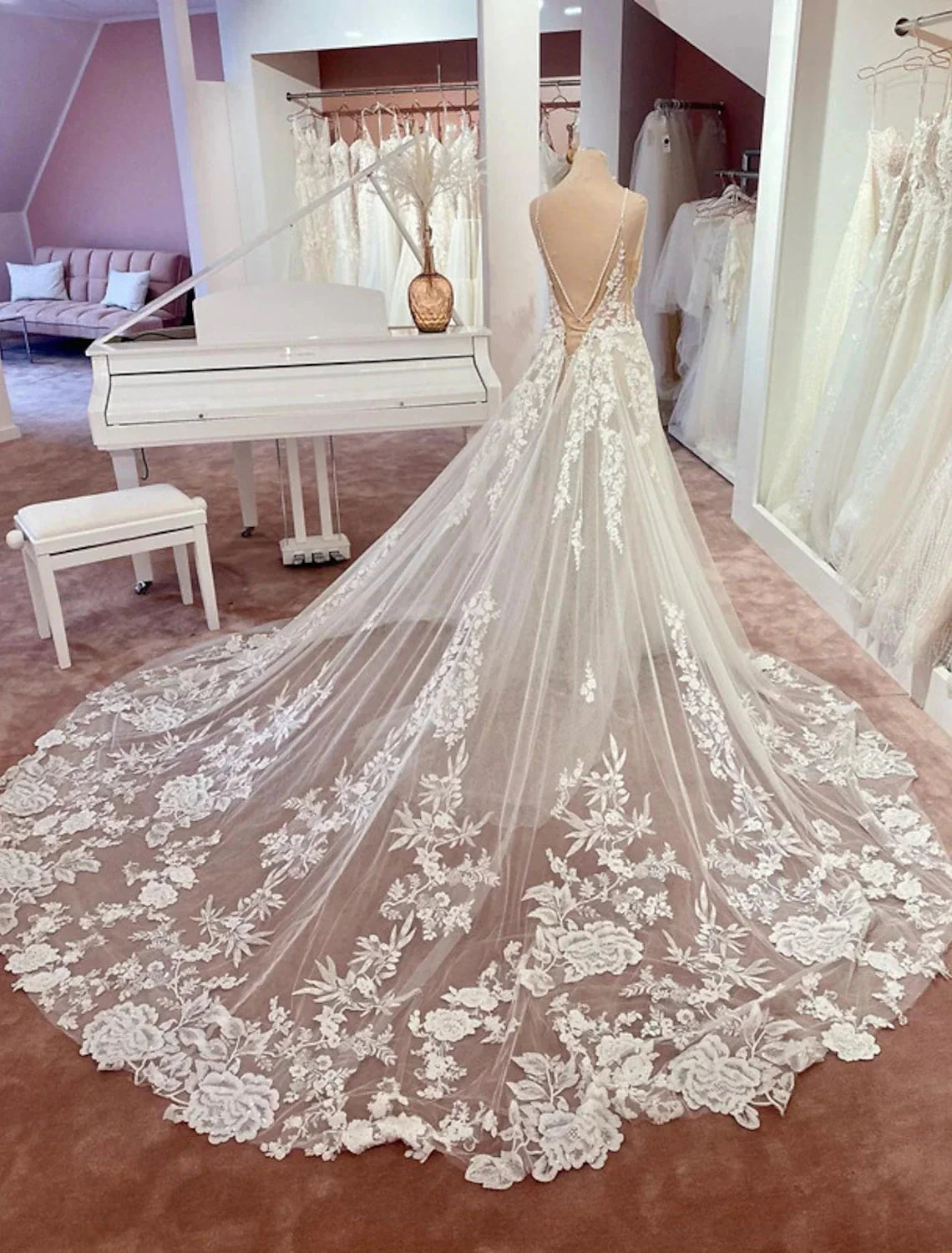 Engagement Open Back Formal Wedding Dresses A-Line Camisole V Neck Spaghetti Strap Chapel Train Lace Bridal Gowns With Appliques Summer Wedding Party Women's Clothing by YiHuiw