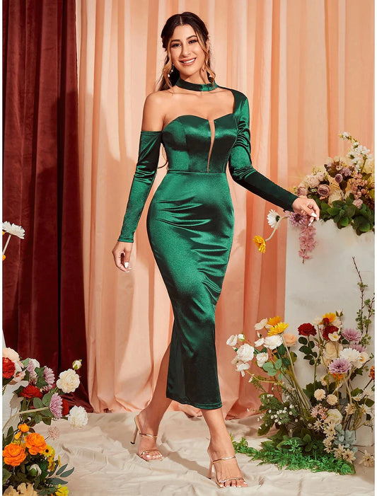 Mermaid / Trumpet Party Dresses Sexy Dress Wedding Party Semi Formal Tea Length Long Sleeve One Shoulder Satin with Ruched Slit by YiHuiw