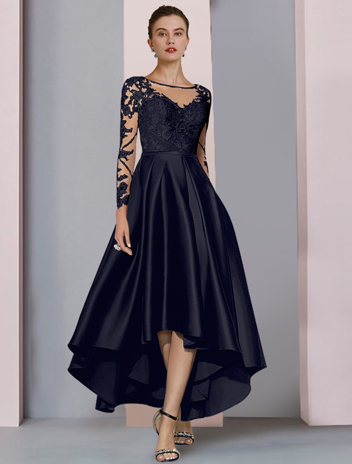 A-Line Mother of the Bride Dress Wedding Guest Elegant High Low Scoop Neck Asymmetrical Tea Length Satin Lace Long Sleeve with Pleats Beading Appliques by YiHuiw