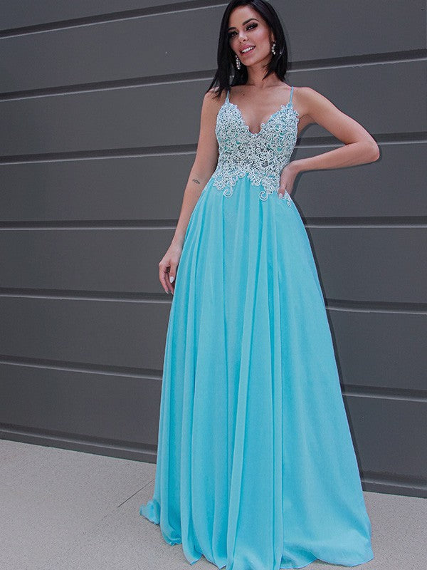 A-Line/Princess Chiffon Applique Sleeveless V-neck Sweep/Brush Train Dresses by YiHuiw