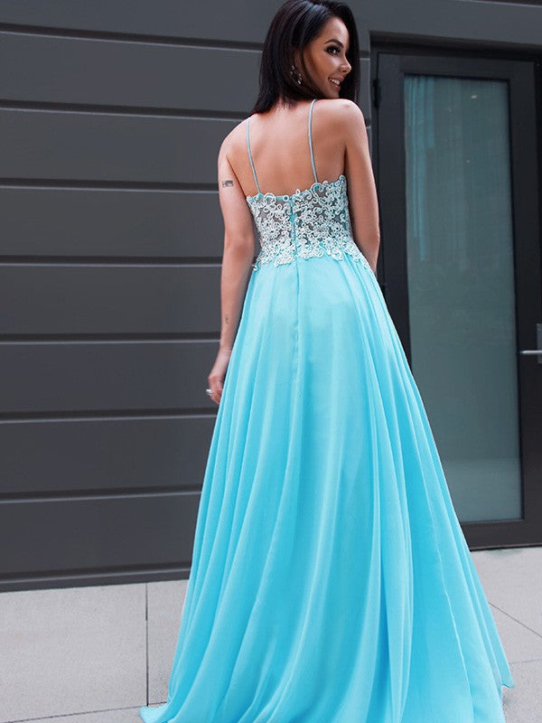 A-Line/Princess Chiffon Applique Sleeveless V-neck Sweep/Brush Train Dresses by YiHuiw