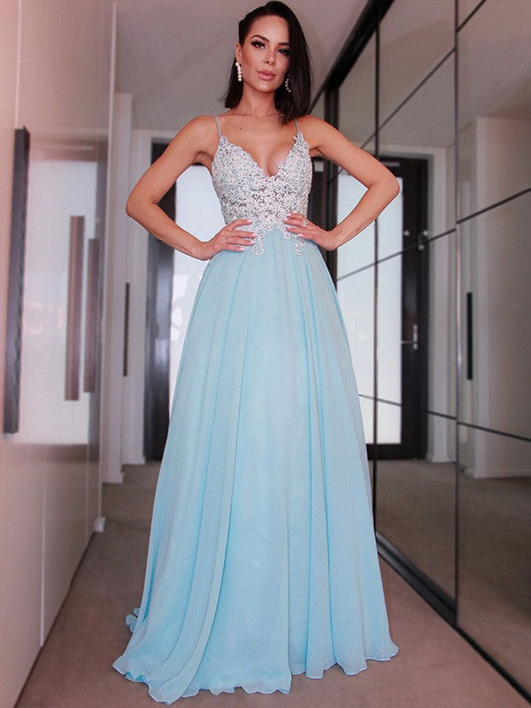 A-Line/Princess Chiffon Applique Sleeveless V-neck Sweep/Brush Train Dresses by YiHuiw
