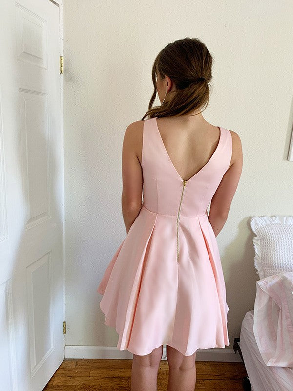 A-Line/Princess V-neck Sleeveless Ruffles Satin Short/Mini Homecoming Dresses by YiHuiw