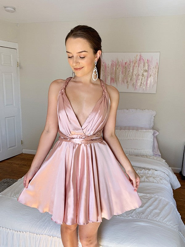 A-Line/Princess Silk like Satin Sleeveless V-neck Ruffles Short/Mini Homecoming Dresses by YiHuiw