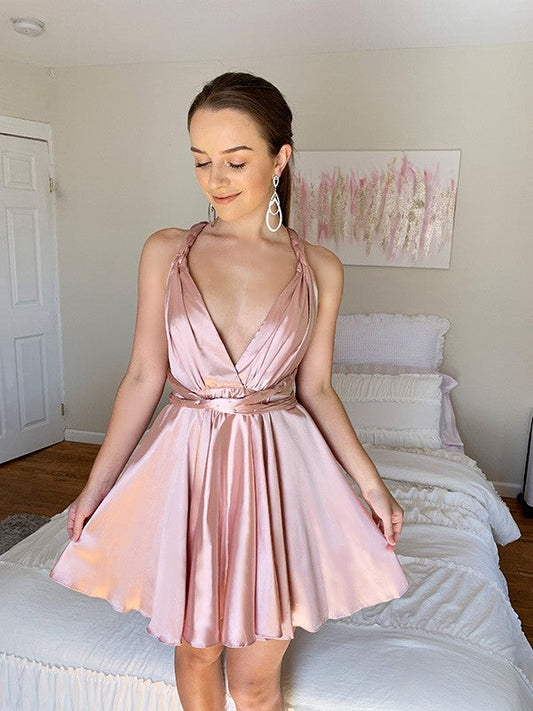 A-Line/Princess Silk like Satin Sleeveless V-neck Ruffles Short/Mini Homecoming Dresses by YiHuiw