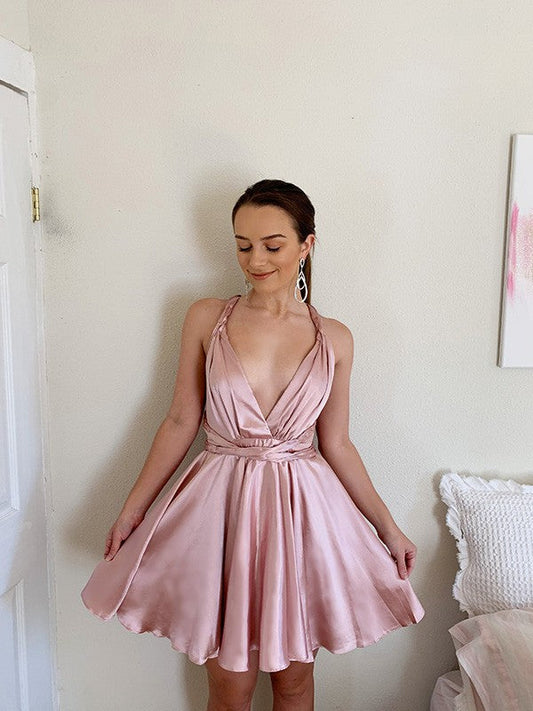 A-Line/Princess Silk like Satin Sleeveless V-neck Ruffles Short/Mini Homecoming Dresses by YiHuiw
