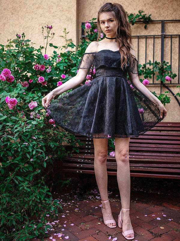 A-Line/Princess Off-the-Shoulder Sleeveless Short/Mini Chiffon Homecoming Dresses by YiHuiw