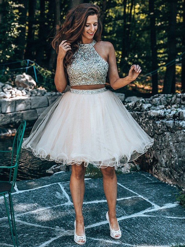 A-Line/Princess Scoop Beading Sleeveless Short/Mini Tulle Two Piece Homecoming Dresses by YiHuiw