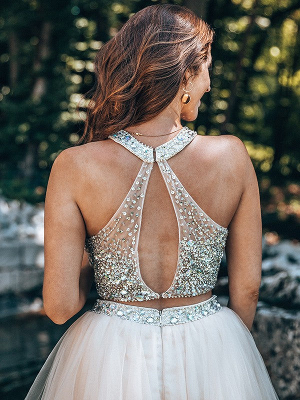 A-Line/Princess Scoop Beading Sleeveless Short/Mini Tulle Two Piece Homecoming Dresses by YiHuiw