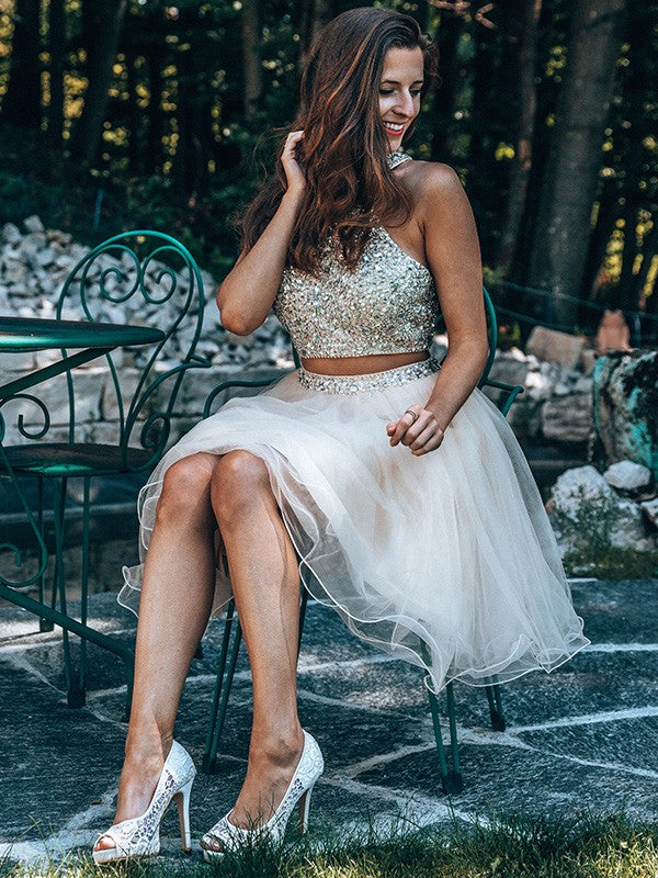 A-Line/Princess Scoop Beading Sleeveless Short/Mini Tulle Two Piece Homecoming Dresses