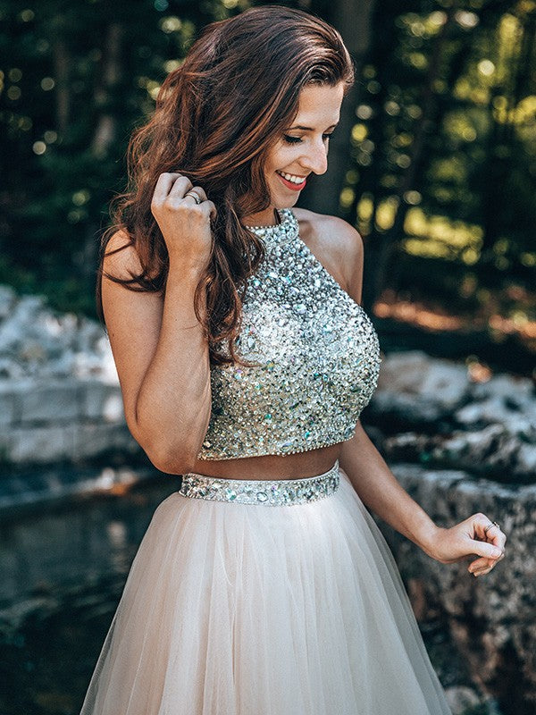 A-Line/Princess Scoop Beading Sleeveless Short/Mini Tulle Two Piece Homecoming Dresses by YiHuiw