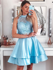 A-Line/Princess Satin Lace Sleeveless Halter Short/Mini Two Piece Homecoming Dresses