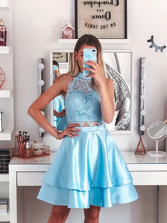 A-Line/Princess Satin Lace Sleeveless Halter Short/Mini Two Piece Homecoming Dresses