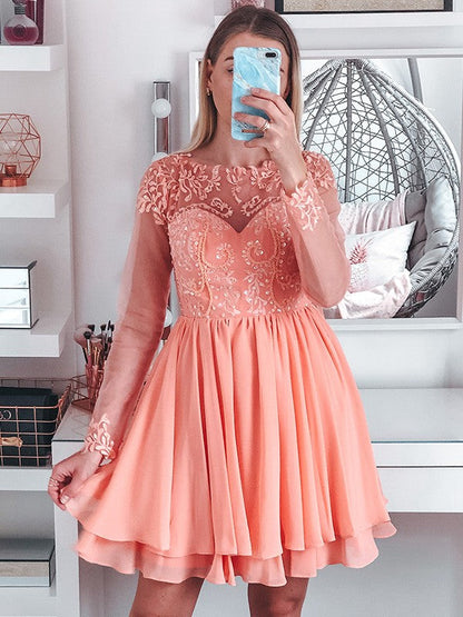A-Line/Princess Bateau Long Sleeves Short/Mini Applique Chiffon Homecoming Dresses by YiHuiw