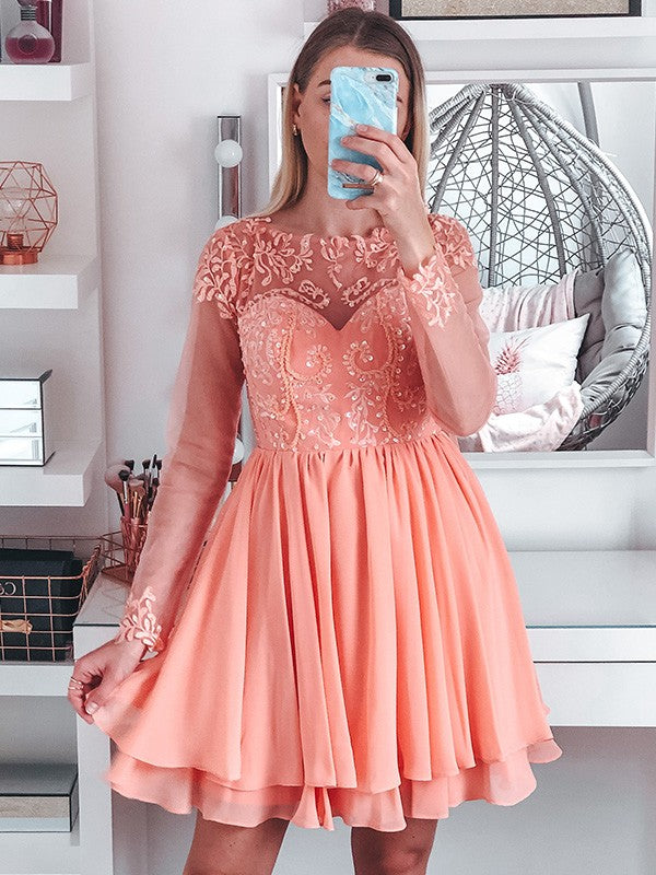 A-Line/Princess Bateau Long Sleeves Short/Mini Applique Chiffon Homecoming Dresses