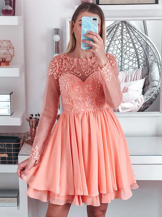 A-Line/Princess Bateau Long Sleeves Short/Mini Applique Chiffon Homecoming Dresses