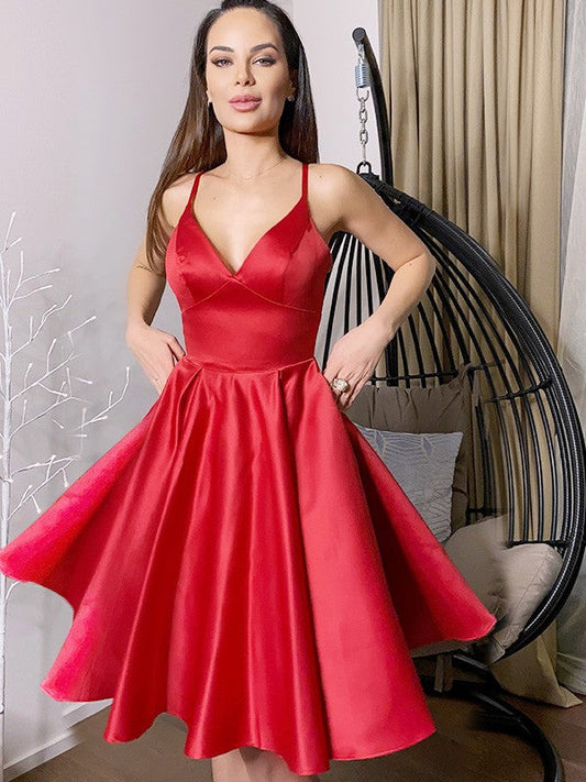 A-Line/Princess V-neck Sleeveless Satin Short/Mini Homecoming Dresses by YiHuiw