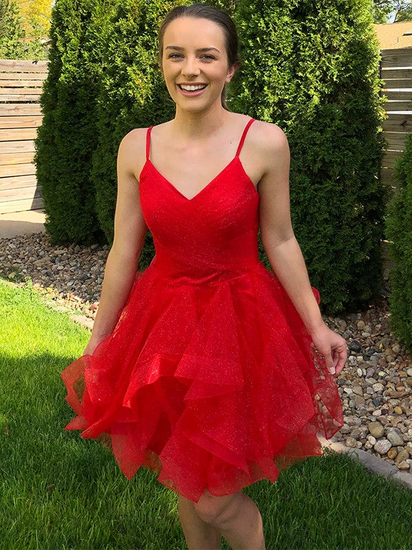 A-Line/Princess Spaghetti Straps Ruffles Sleeveless Tulle Short/Mini Homecoming Dresses by YiHuiw