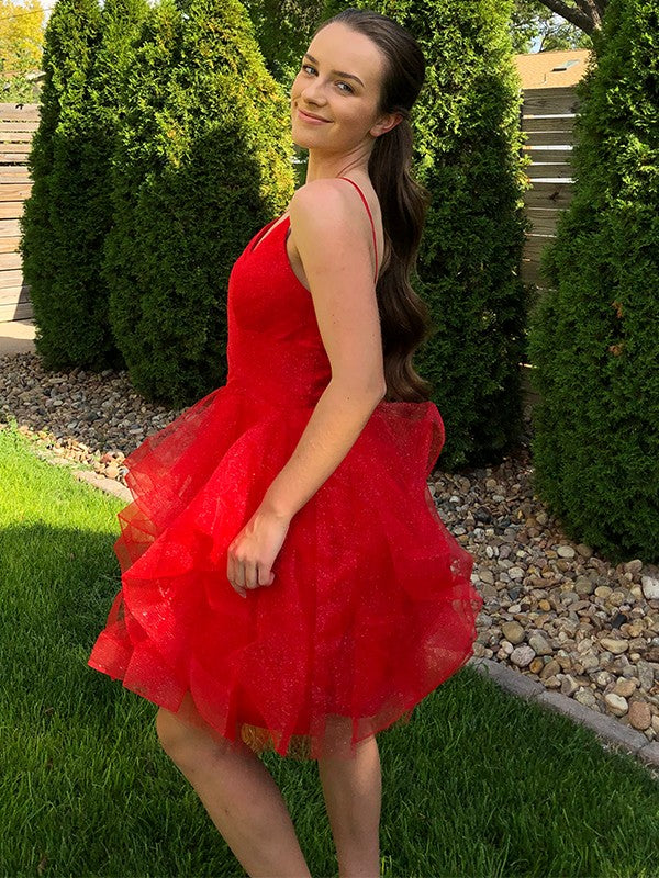 A-Line/Princess Spaghetti Straps Ruffles Sleeveless Tulle Short/Mini Homecoming Dresses by YiHuiw