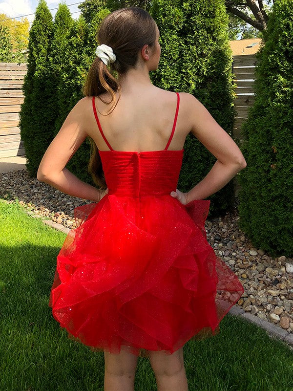 A-Line/Princess Spaghetti Straps Ruffles Sleeveless Tulle Short/Mini Homecoming Dresses by YiHuiw